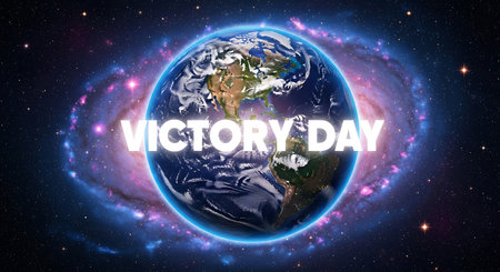 VICTORY DAY text on planet Earth in space with blue nebula and stars.の素材