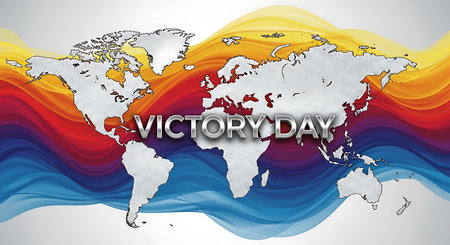 VICTORY DAY text on world map with colorful waves. Vector illustration.の素材