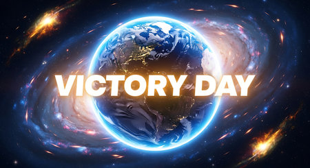 VICTORY DAY text with Earth globe in space. 3D illustrationの素材