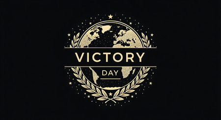 Victory Day. Vector illustration of a badge with the image of the world.の素材