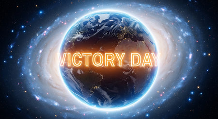 VICTORY DAY text on the blue planet earth in outer space.の素材