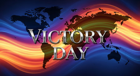 VICTORY DAY - text on glowing world map background, technology conceptの素材