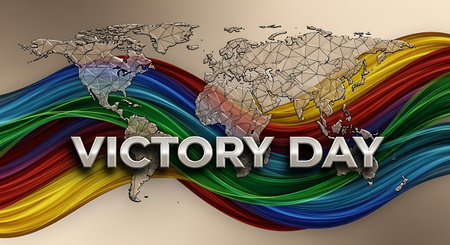 VICTORY DAY - text in 3d letters on a colorful background with world mapの素材