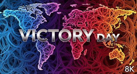 Victory Day background with world map and colorful lines. Vector illustration.の素材
