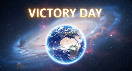 VICTORY DAY text with Earth planet in space. 3D renderingの素材