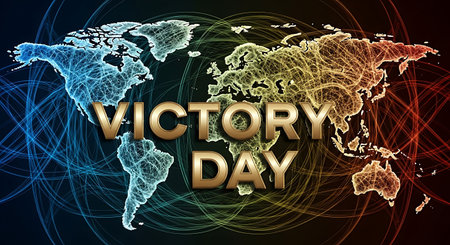 VICTORY DAY text on digital world map, technology concept backgroundの素材