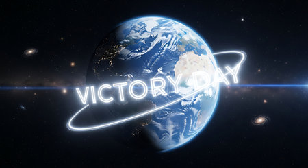 VICTORY DAY text with earth in space. 3D renderingの素材