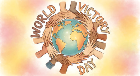 International Day of Older Persons. Illustration of a group of people holding the globe.の素材