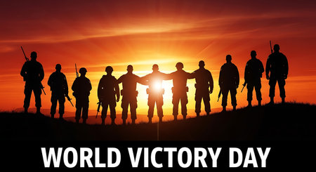 World Victory Day concept with silhouettes of soldiers at sunset background.の素材