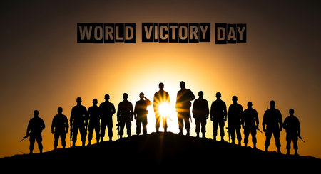 World Victory Day Concept with Silhouette of Group of Military Menの素材