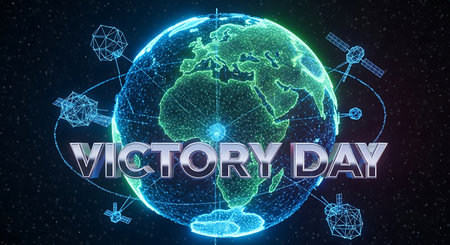 Glowing hologram of the planet Earth with text Victory Day. 3D renderingの素材
