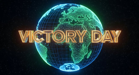 VICTORY DAY text hologram over planet earth on black background, 3D renderingの素材