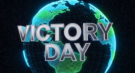 VICTORY DAY text concept on blue digital world map on black backgroundの素材