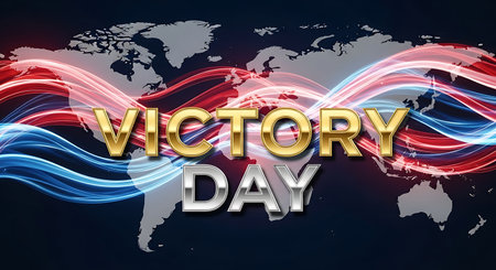 Victory Day background with world map on dark blue background. Vector illustration.の素材