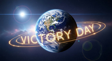 VICTORY DAY text with earth in space. 3D renderingの素材