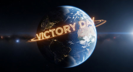 Victory Day text on the blue planet Earth. 3D renderingの素材