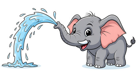 Cute elephant holding a water drop and smiling. Vector illustration.の素材