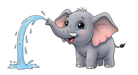 Vector illustration of Cute little elephant drinking water on white background.の素材