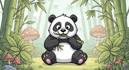 Illustration of a panda sitting in the jungle and eating bambooの素材