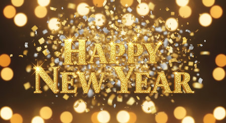 Happy New Year golden 3d lettering on bokeh backgroundの素材
