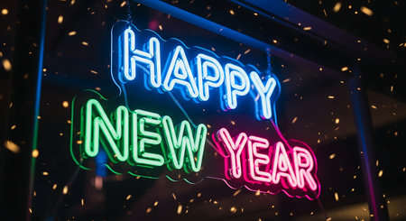 Neon sign of Happy New Year and Merry Christmas in neon style.の素材