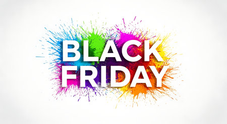 Black Friday sale banner with colored splash paint background. Vector illustration.の素材