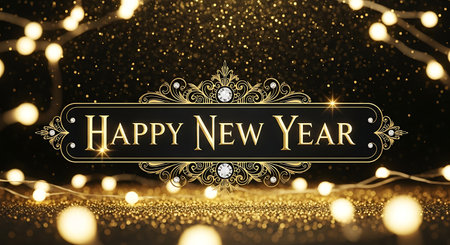 Happy New Year greeting card. Golden text on black background with bokeh lights.の素材