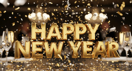 Happy New Year gold text with gold confetti. 3D renderingの素材