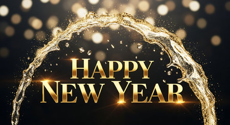 Happy New Year lettering with water splash on bokeh backgroundの素材