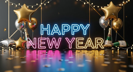 3D rendering of Happy New Year text with golden and silver christmas decorations.の素材