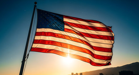 American flag waving in the blue sky with cityscape in the backgroundの素材