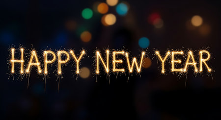 Happy New Year written with Sparkle firework on bokeh backgroundの素材