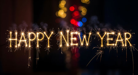 Happy New Year written with Sparkle firework on dark background with bokehの素材