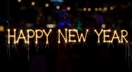 Happy New Year written with Sparkle firework on bokeh backgroundの素材