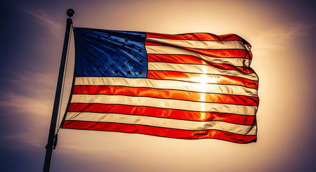 United States of America flag waving in the wind against a blue skyの素材