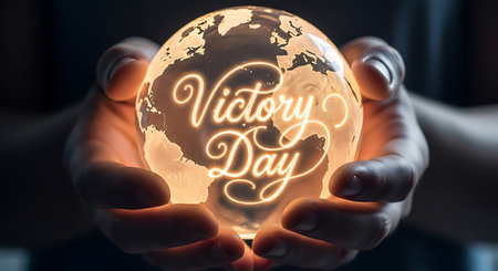 Conceptual image of a young man holding a glowing globe with the words Viva Day in his hands.の素材