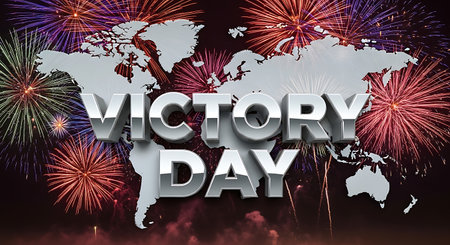 Victory Day Text with World Map and Fireworks Background Illustrationの素材