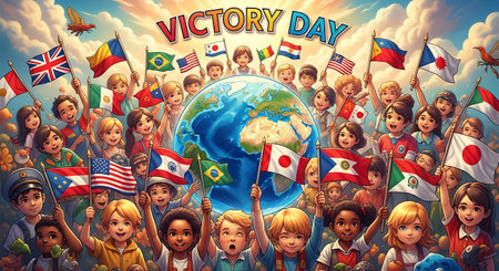Happy children holding flags of countries around the world. Colorful cartoon illustration.の素材