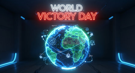 World Victory Day text over glowing earth globe in dark room 3D renderingの素材