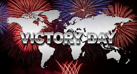 VICTORY DAY text concept with world map and fireworks on black backgroundの素材