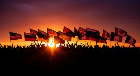 Silhouette of crowd of people waving flags on the sunset backgroundの素材