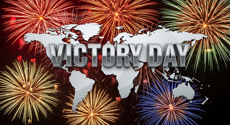 Happy Victory Day background with fireworks and world map. Vector illustration.の素材