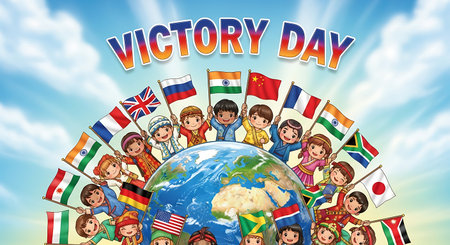 Happy international children with flags around the world on blue sky background illustrationの素材