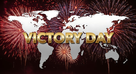 World map with fireworks and text VICTORY DAY on black backgroundの素材