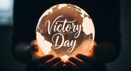 Hand holding a glowing globe with happy labor day text over dark backgroundの素材