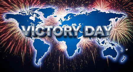 Victory Day background design with fireworks and world map, vector illustrationの素材