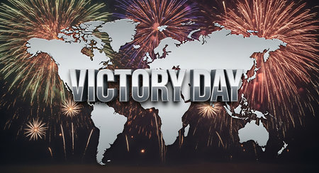 World map with fireworks and text Victory Day on black background, 3D renderingの素材