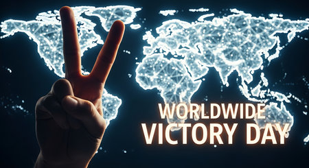 World Victory Day concept on blue background with world map and hand.の素材