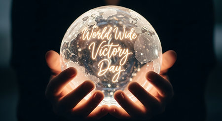 Hands holding a crystal ball with happy valentines day messageの素材