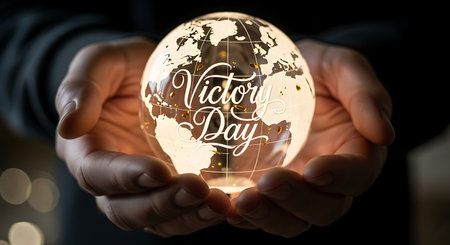 Happy valentines day greeting card with a glowing globe in handsの素材